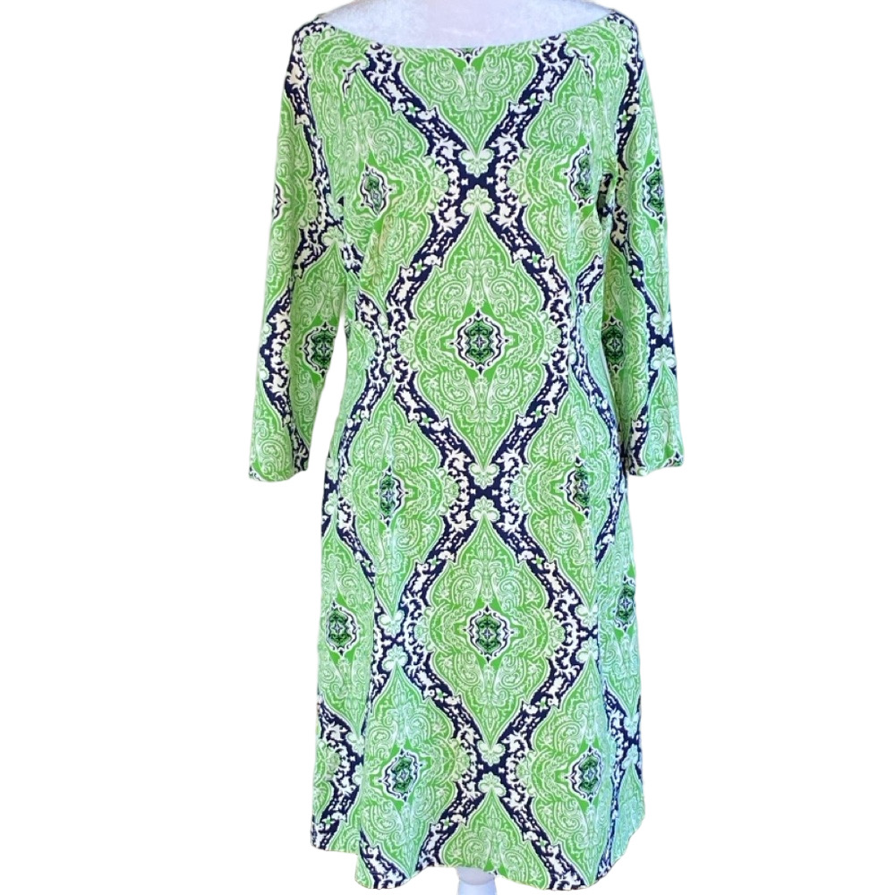 J. McLaughlin Catalina Cloth Shift Dress Green Navy Print Size Small